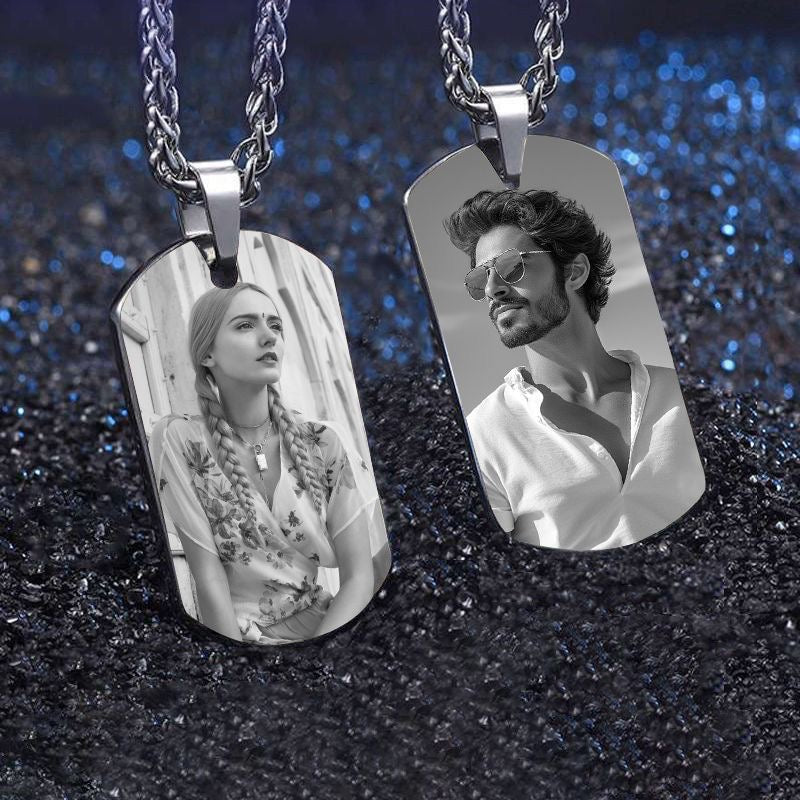 Titanium Style Pendant Necklace. Customizable With Couple Photos And Text