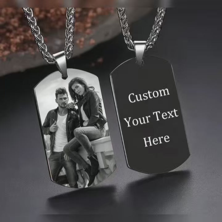 Titanium Style Pendant Necklace. Customizable With Couple Photos And Text